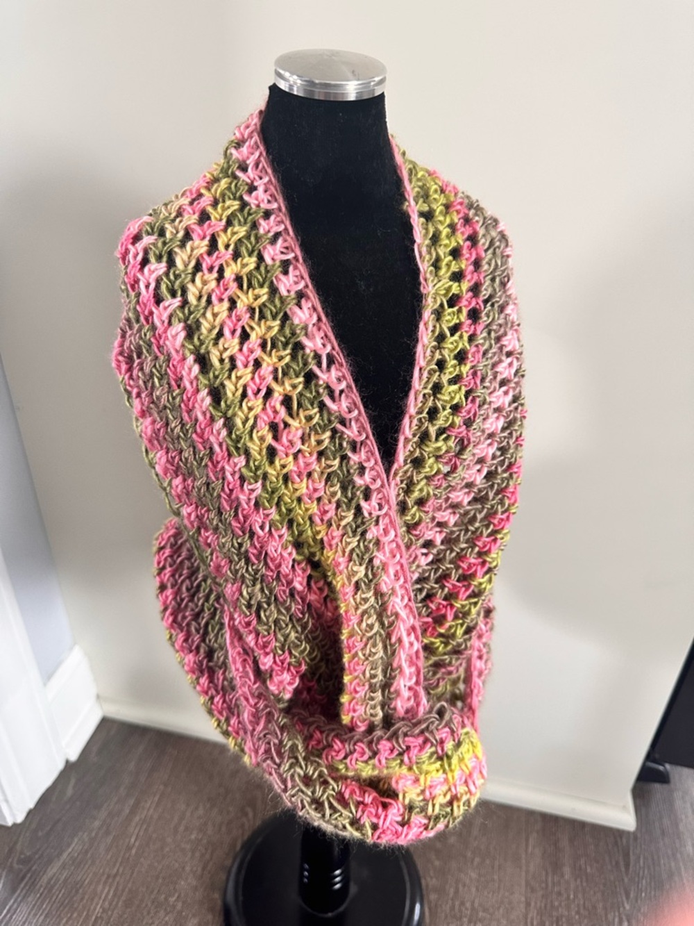 Handcrafted Pink & Green Crochet Infinity Scarf